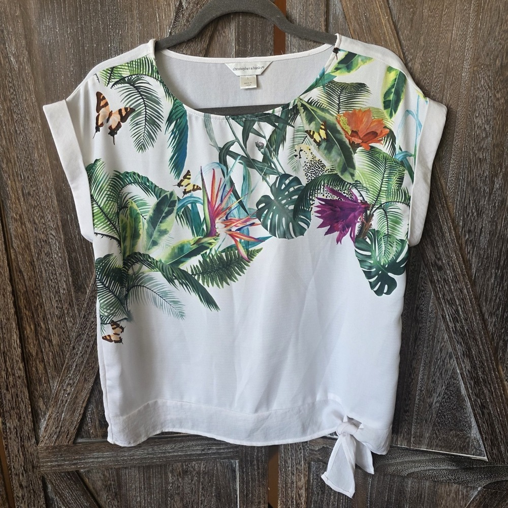 Christopher & Banks Shirt Women's Size Small White Floral Butterfly Lightweight